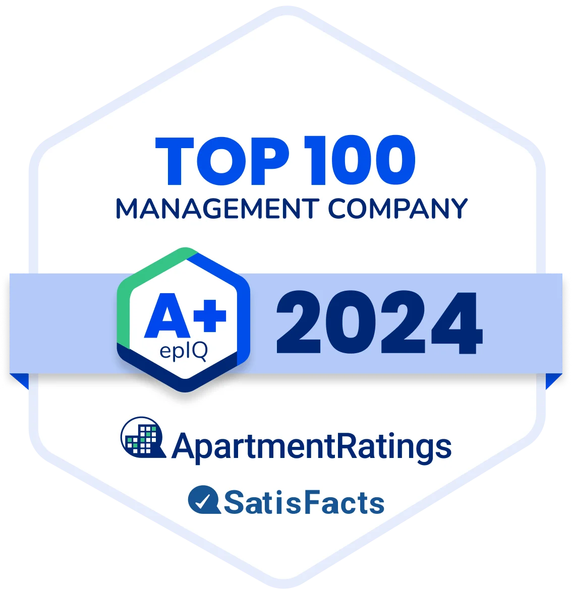 Top 100 Management Company 2024 Badge Award badge for Top 100 Management Company 2024 from ApartmentRatings and SatisFacts, featuring an A+ rating.