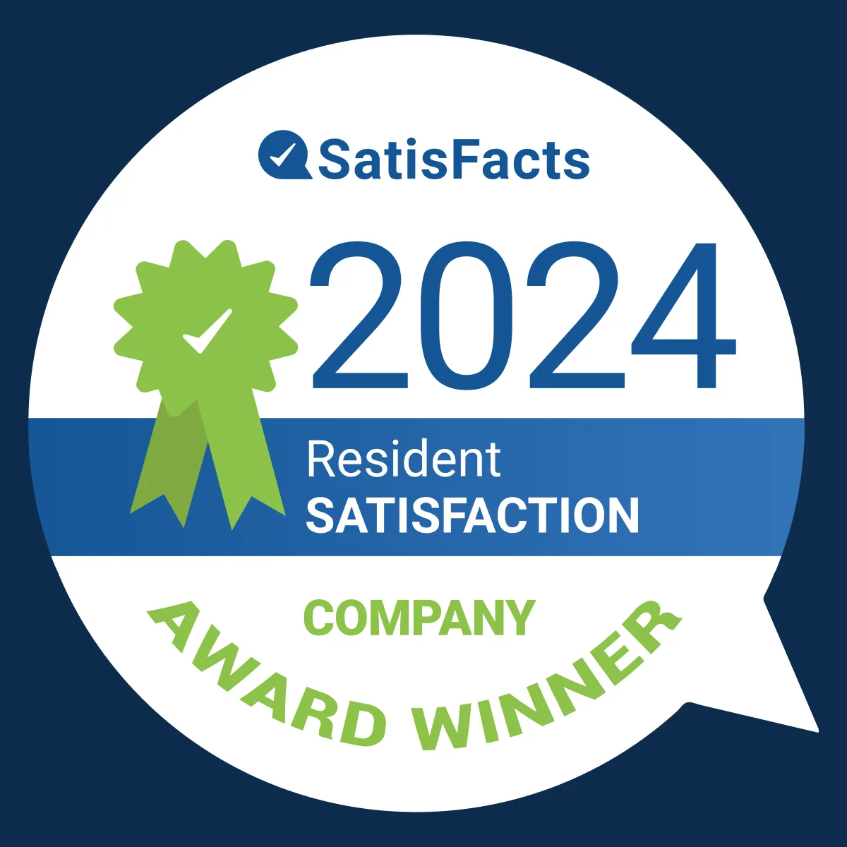 SatisFacts 2024 Resident Satisfaction Award Winner SatisFacts Resident Satisfaction Company Award Winner 2024 badge with a blue and green color scheme.